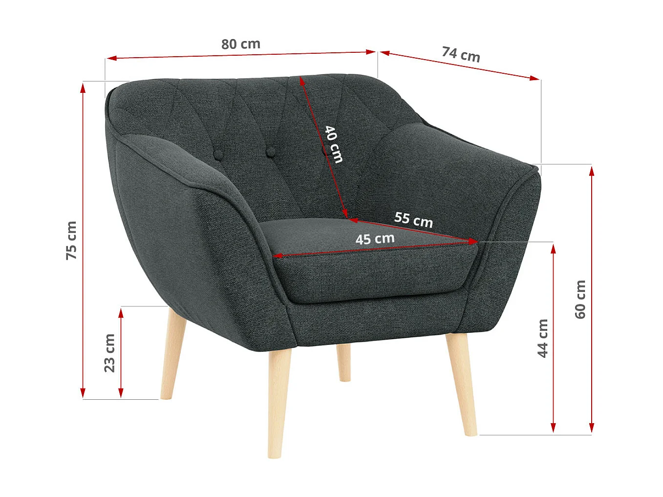 Couchgarnitur PIRS - 3+2+1, mit Armlehnen, Holzbeine, Skandinavischer Design - Dunkelgrau Stukture