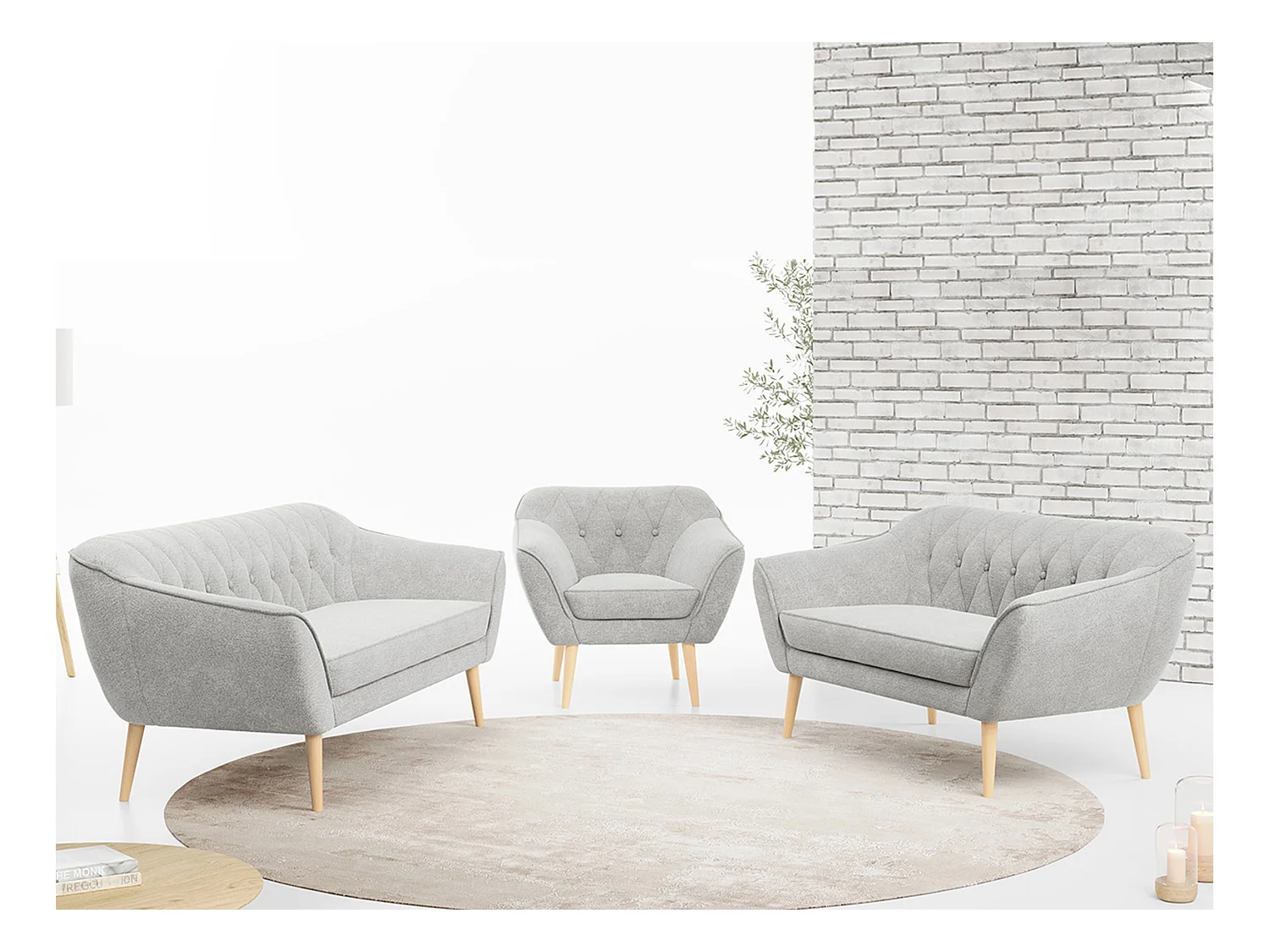 Couchgarnitur PIRS - 3+2+1, mit Armlehnen, Holzbeine, Skandinavischer Design - Hellgrau Stukture