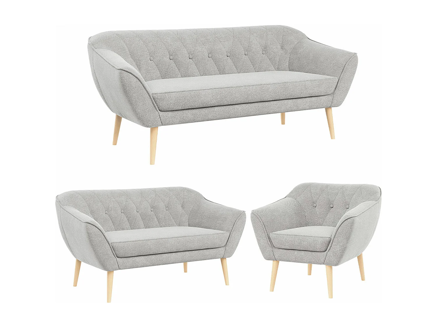 Couchgarnitur PIRS - 3+2+1, mit Armlehnen, Holzbeine, Skandinavischer Design - Hellgrau Stukture