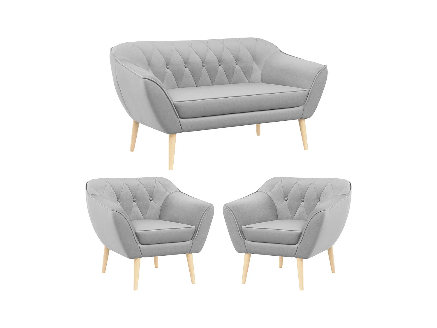 Sofagarnitur PIRS - 2+1+1, Sofa mit Sesseln, Skandinavischer Design, Armlehnen - Hellgrau Velvet
