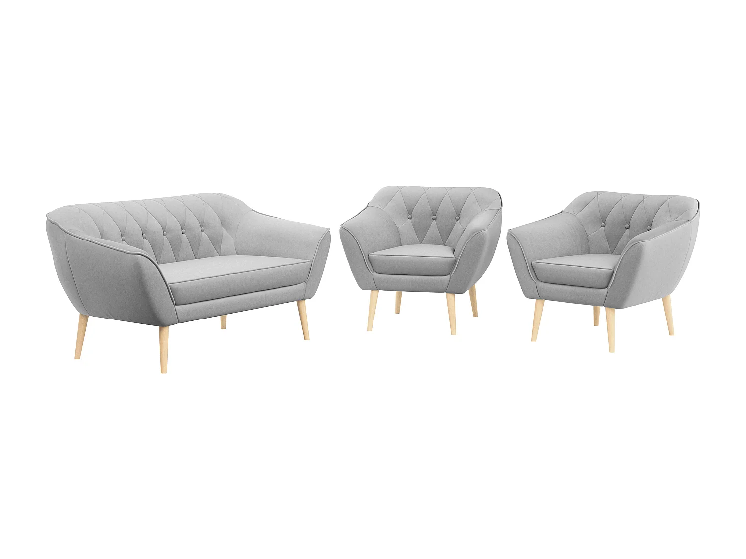 Sofagarnitur PIRS - 2+1+1, Sofa mit Sesseln, Skandinavischer Design, Armlehnen - Hellgrau Velvet