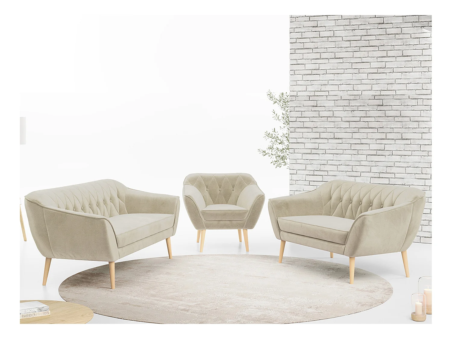 Couchgarnitur PIRS - 3+2+1, mit Armlehnen, Holzbeine, Skandinavischer Design - Grün Velvet