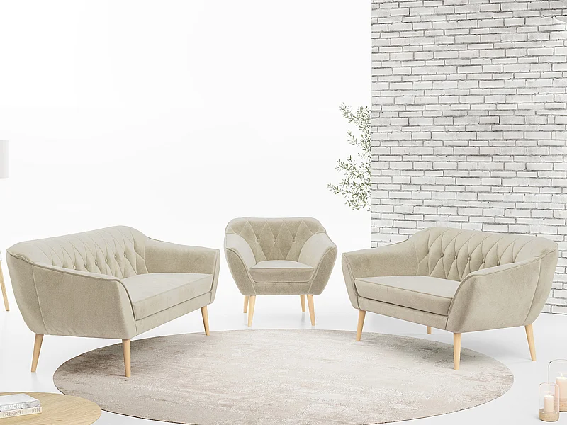 Couchgarnitur PIRS - 3+2+1, mit Armlehnen, Holzbeine, Skandinavischer Design - Grün Velvet