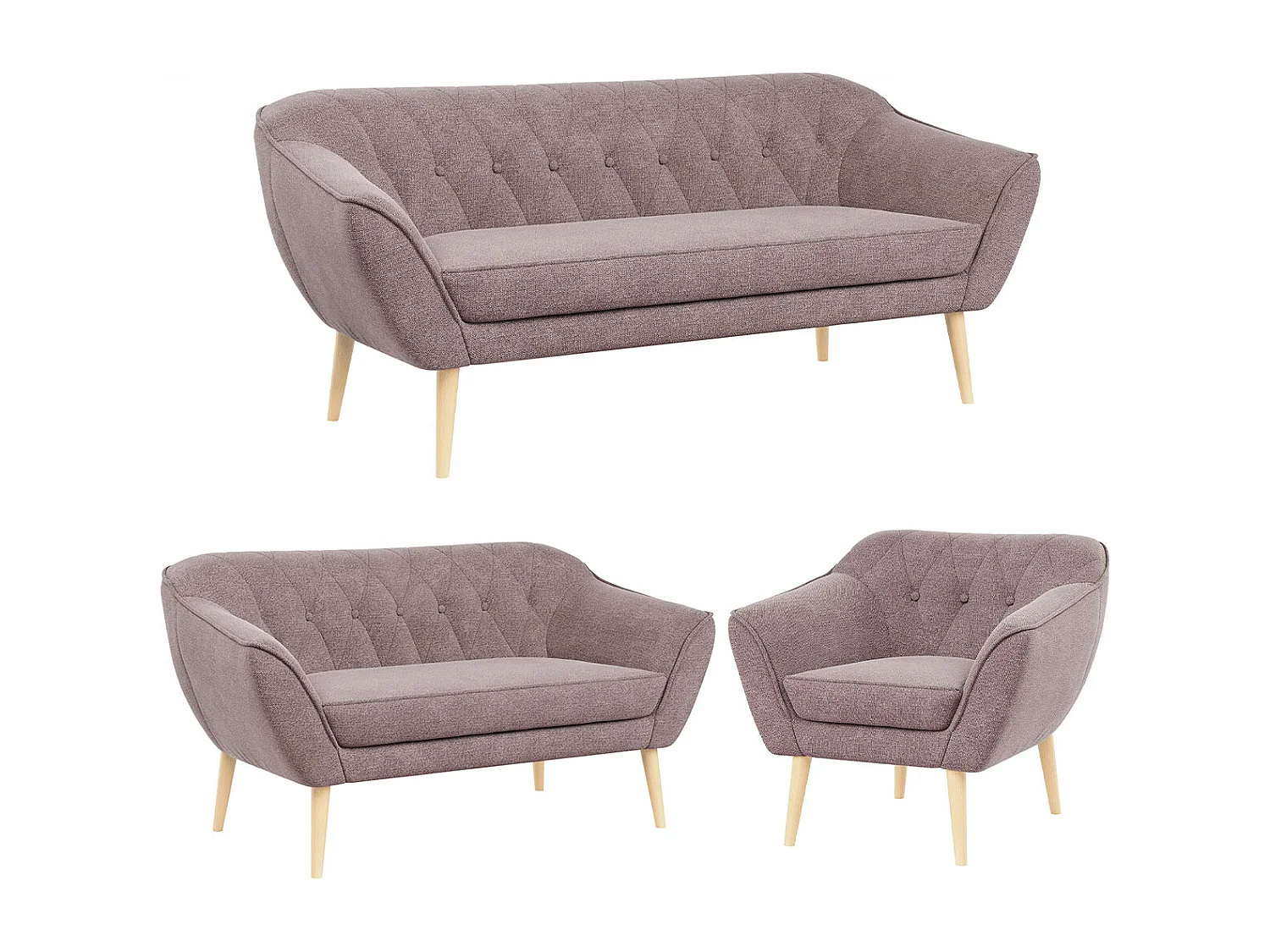 Couchgarnitur PIRS - 3+2+1, mit Armlehnen, Holzbeine, Skandinavischer Design - Rosa Stukture