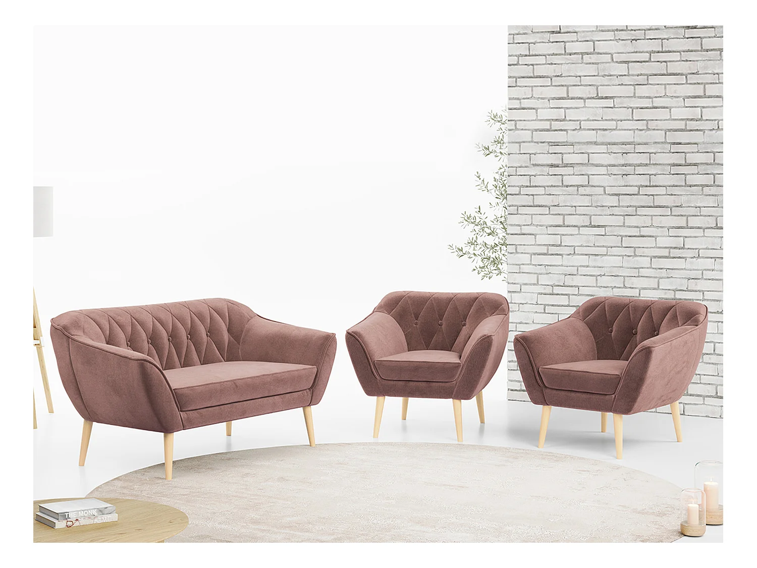 Sofagarnitur PIRS - 2+1+1, Sofa mit Sesseln, Skandinavischer Design, Armlehnen - Rosa Velvet