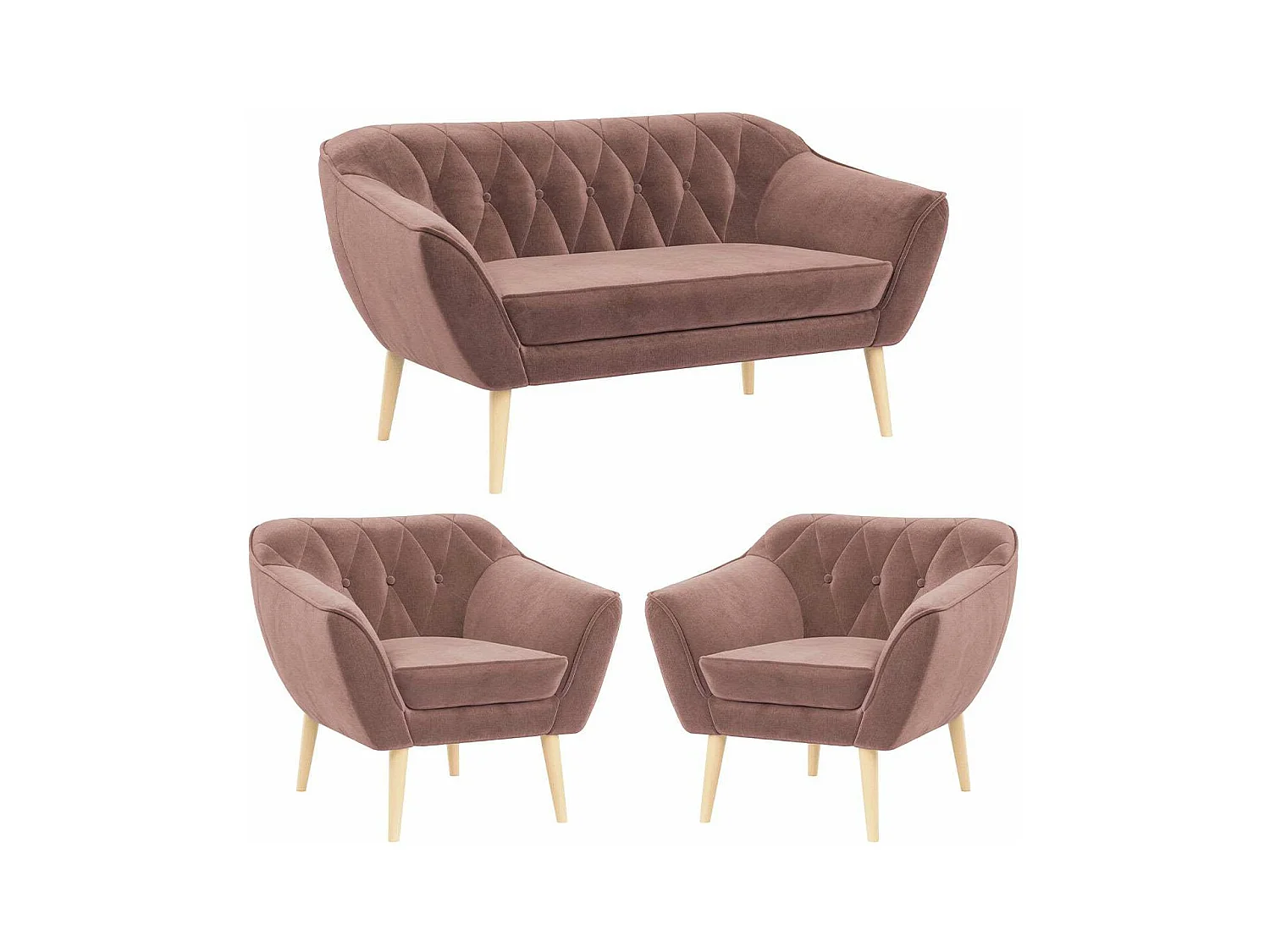 Sofagarnitur PIRS - 2+1+1, Sofa mit Sesseln, Skandinavischer Design, Armlehnen - Rosa Velvet