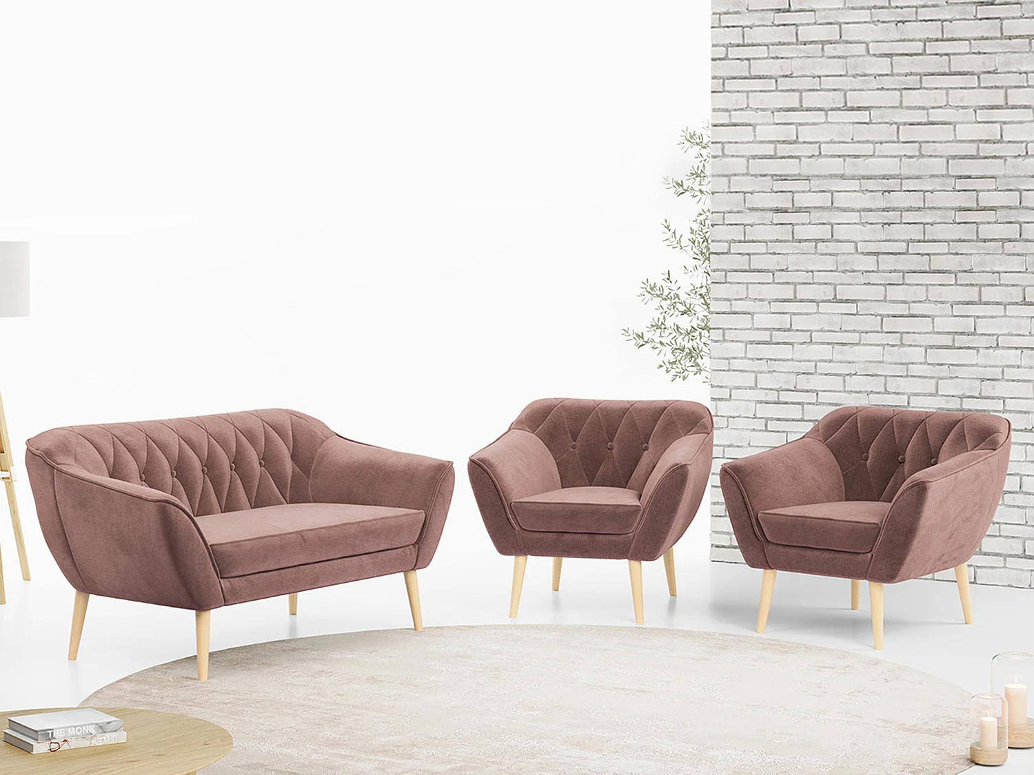 Sofagarnitur PIRS - 2+1+1, Sofa mit Sesseln, Skandinavischer Design, Armlehnen - Rosa Velvet