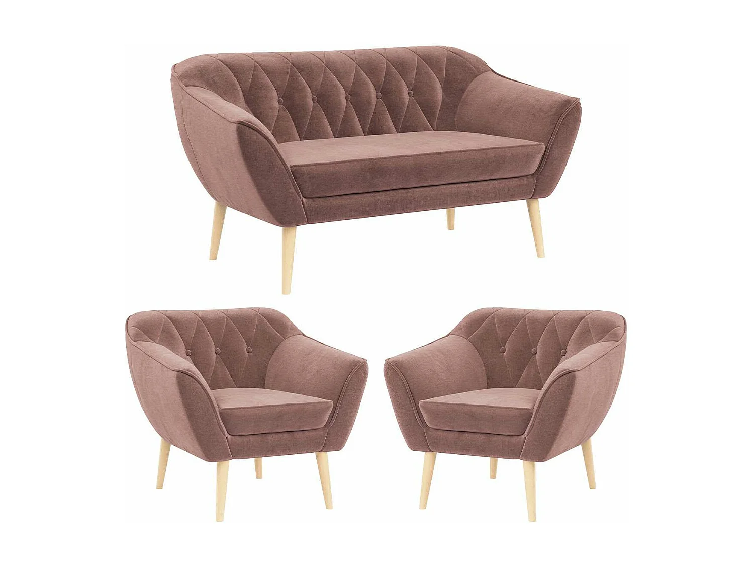 Sofagarnitur PIRS - 2+1+1, Sofa mit Sesseln, Skandinavischer Design, Armlehnen - Rosa Velvet