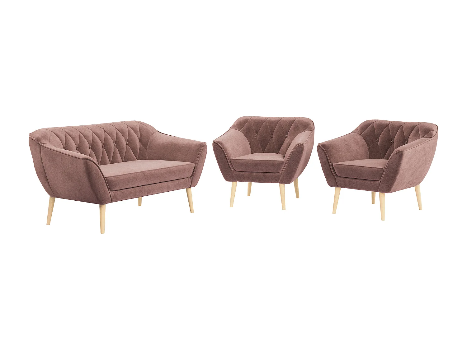 Sofagarnitur PIRS - 2+1+1, Sofa mit Sesseln, Skandinavischer Design, Armlehnen - Rosa Velvet
