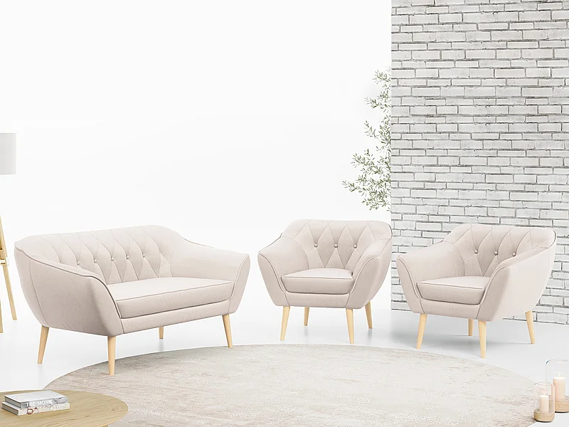 Sofagarnitur PIRS - 2+1+1, Sofa mit Sesseln, Skandinavischer Design, Armlehnen - Creme Velvet