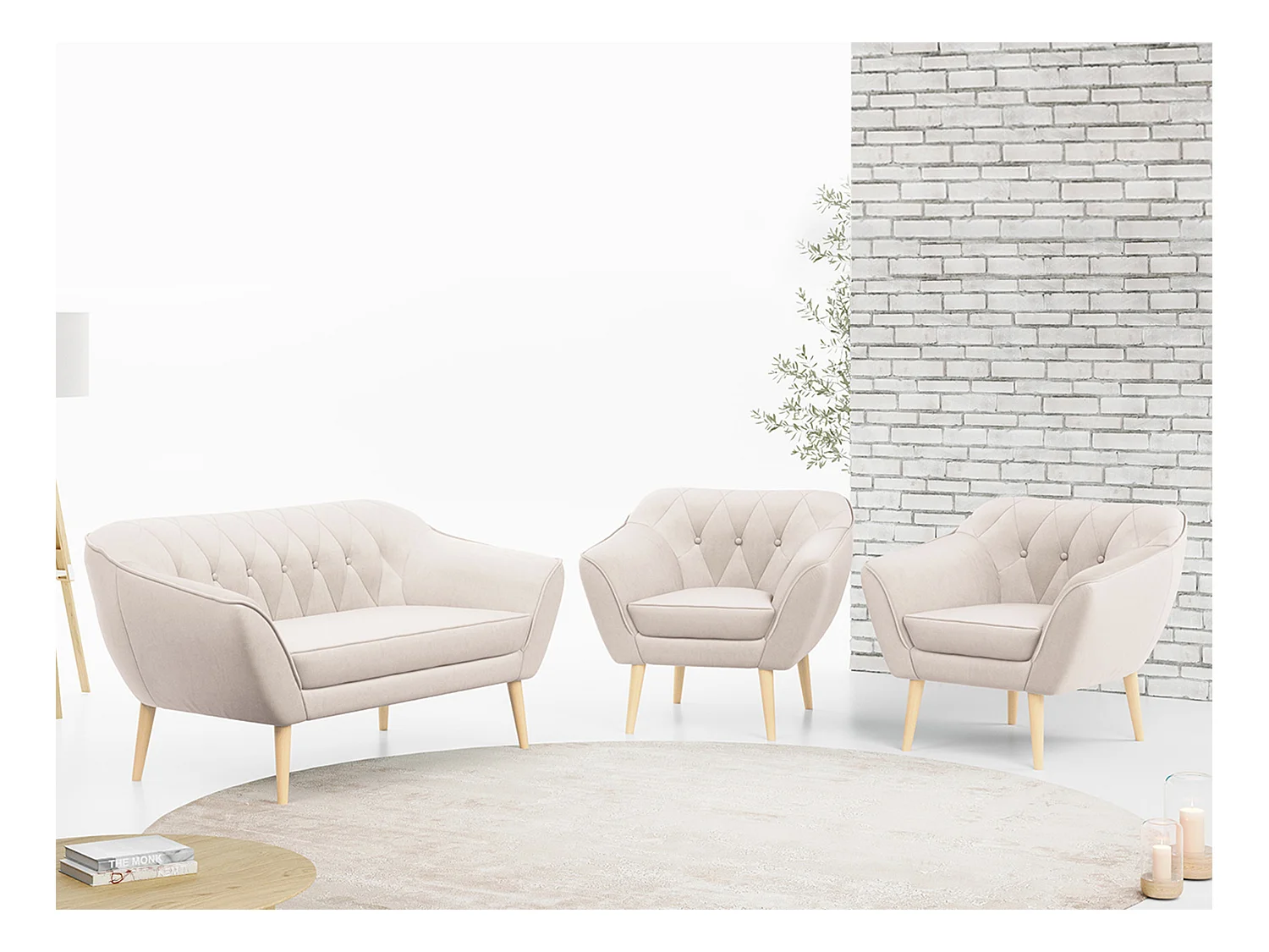 Sofagarnitur PIRS - 2+1+1, Sofa mit Sesseln, Skandinavischer Design, Armlehnen - Creme Velvet