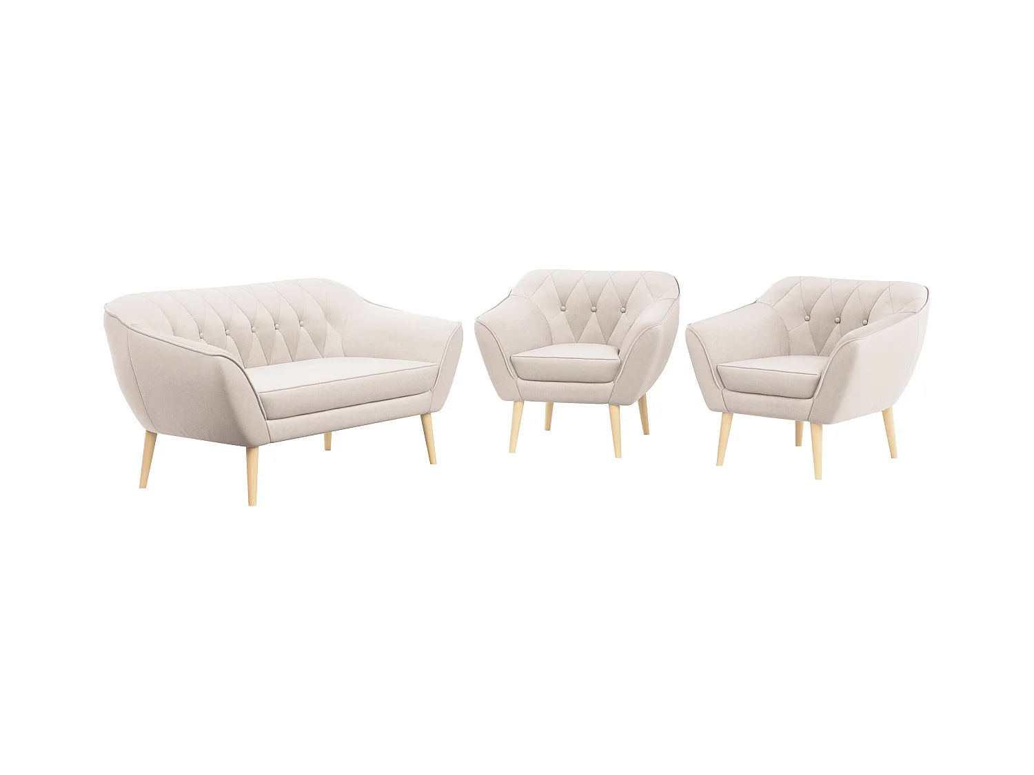 Sofagarnitur PIRS - 2+1+1, Sofa mit Sesseln, Skandinavischer Design, Armlehnen - Creme Velvet