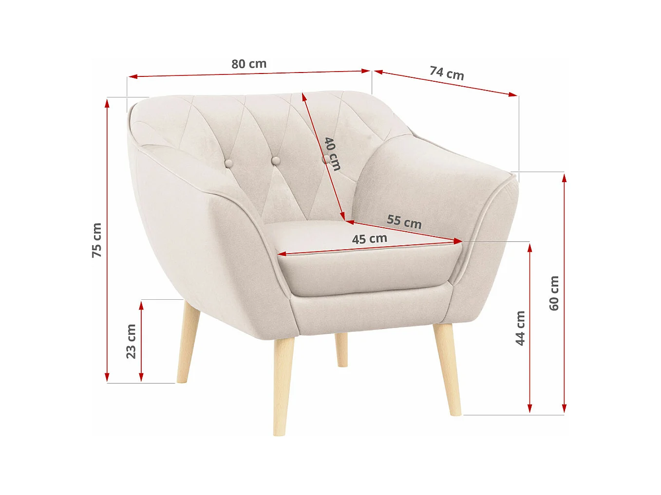 Sofagarnitur PIRS - 2+1+1, Sofa mit Sesseln, Skandinavischer Design, Armlehnen - Creme Velvet