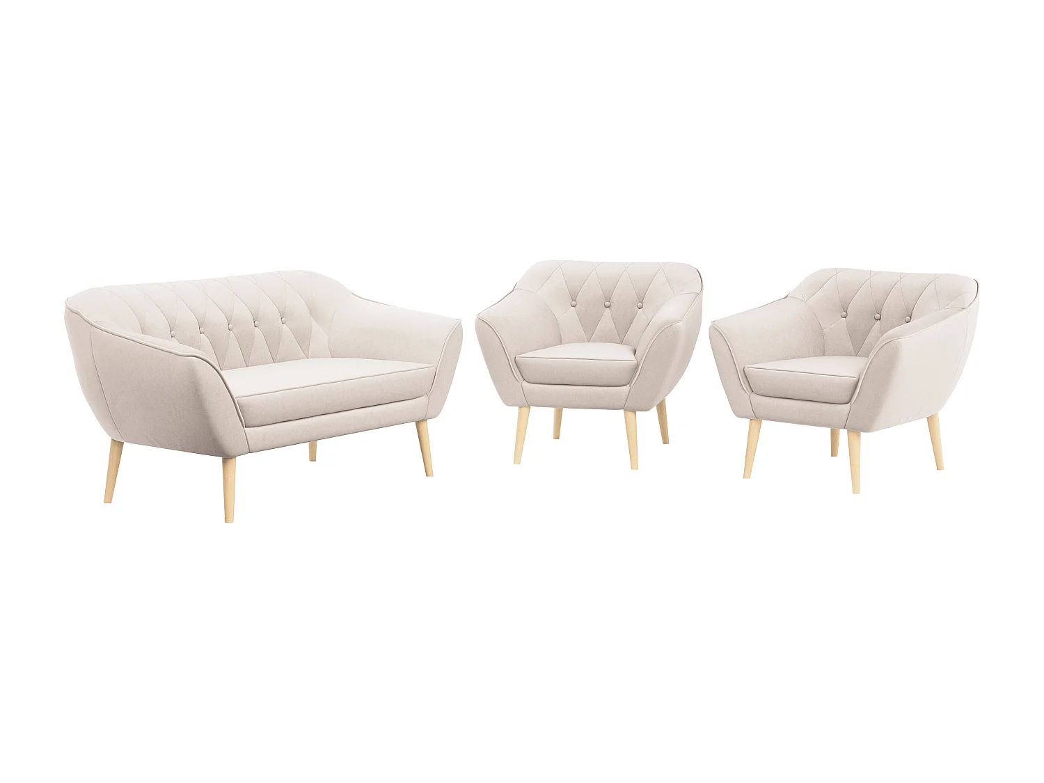 Sofagarnitur PIRS - 2+1+1, Sofa mit Sesseln, Skandinavischer Design, Armlehnen - Creme Velvet