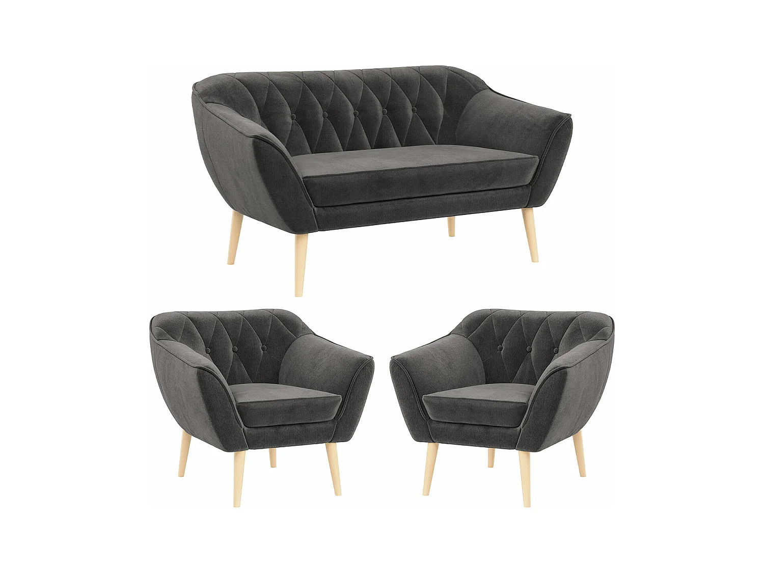 Sofagarnitur PIRS - 2+1+1, Sofa mit Sesseln, Skandinavischer Design, Armlehnen - Grau Velvet