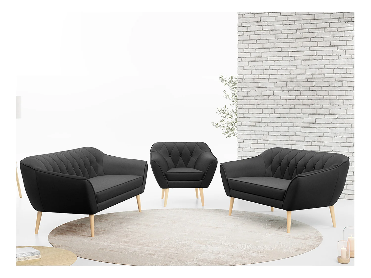 Couchgarnitur PIRS - 3+2+1, mit Armlehnen, Holzbeine, Skandinavischer Design - Grau Velvet