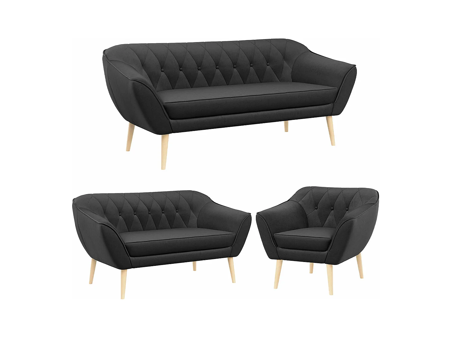 Couchgarnitur PIRS - 3+2+1, mit Armlehnen, Holzbeine, Skandinavischer Design - Grau Velvet