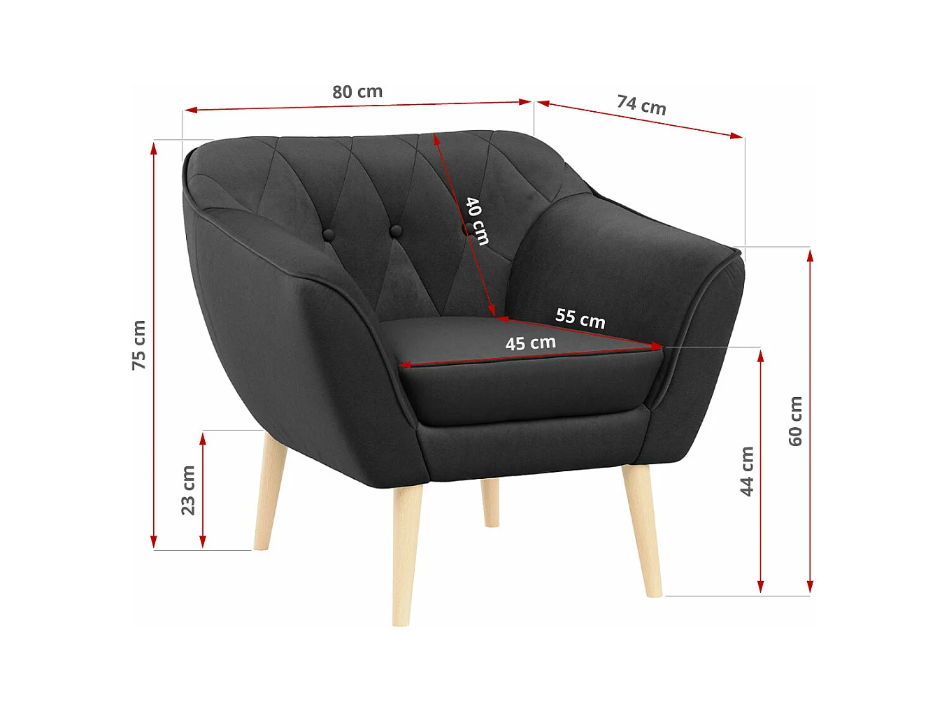 Couchgarnitur PIRS - 3+2+1, mit Armlehnen, Holzbeine, Skandinavischer Design - Grau Velvet
