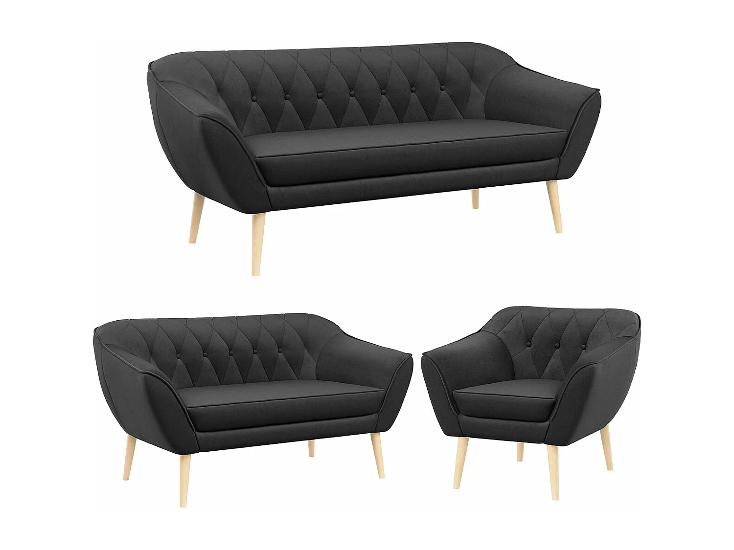 Couchgarnitur PIRS - 3+2+1, mit Armlehnen, Holzbeine, Skandinavischer Design - Grau Velvet