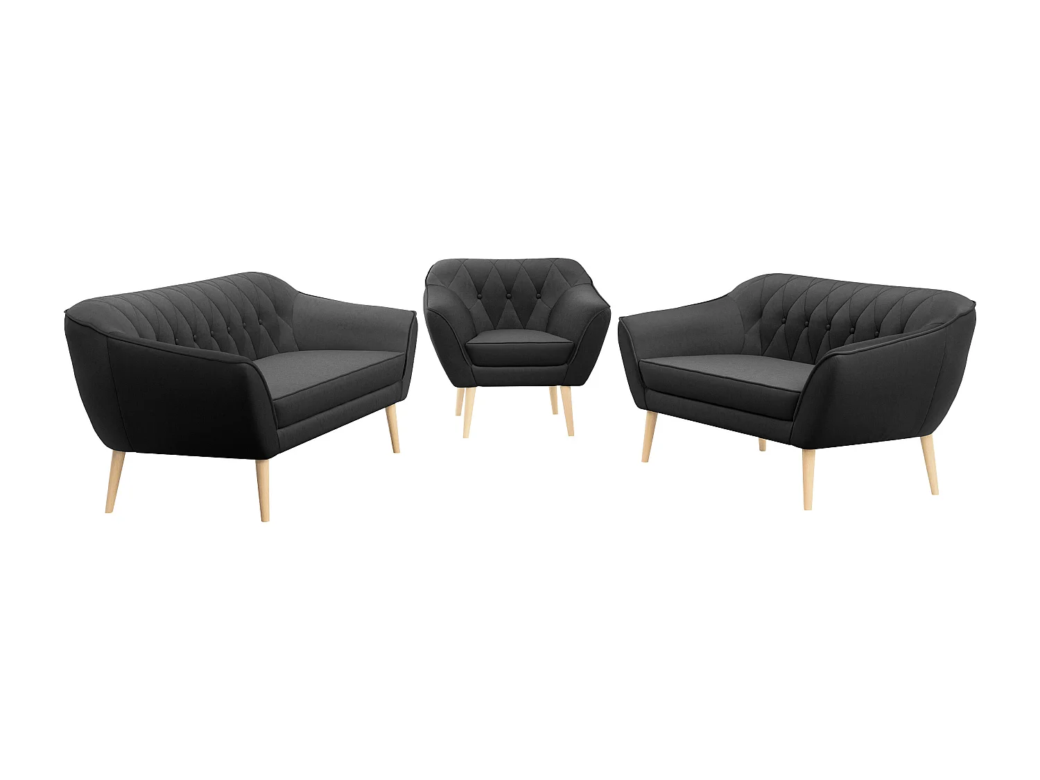 Couchgarnitur PIRS - 3+2+1, mit Armlehnen, Holzbeine, Skandinavischer Design - Grau Velvet