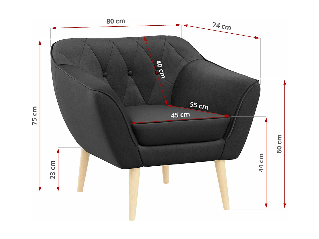 Couchgarnitur PIRS - 3+2+1, mit Armlehnen, Holzbeine, Skandinavischer Design - Grau Velvet