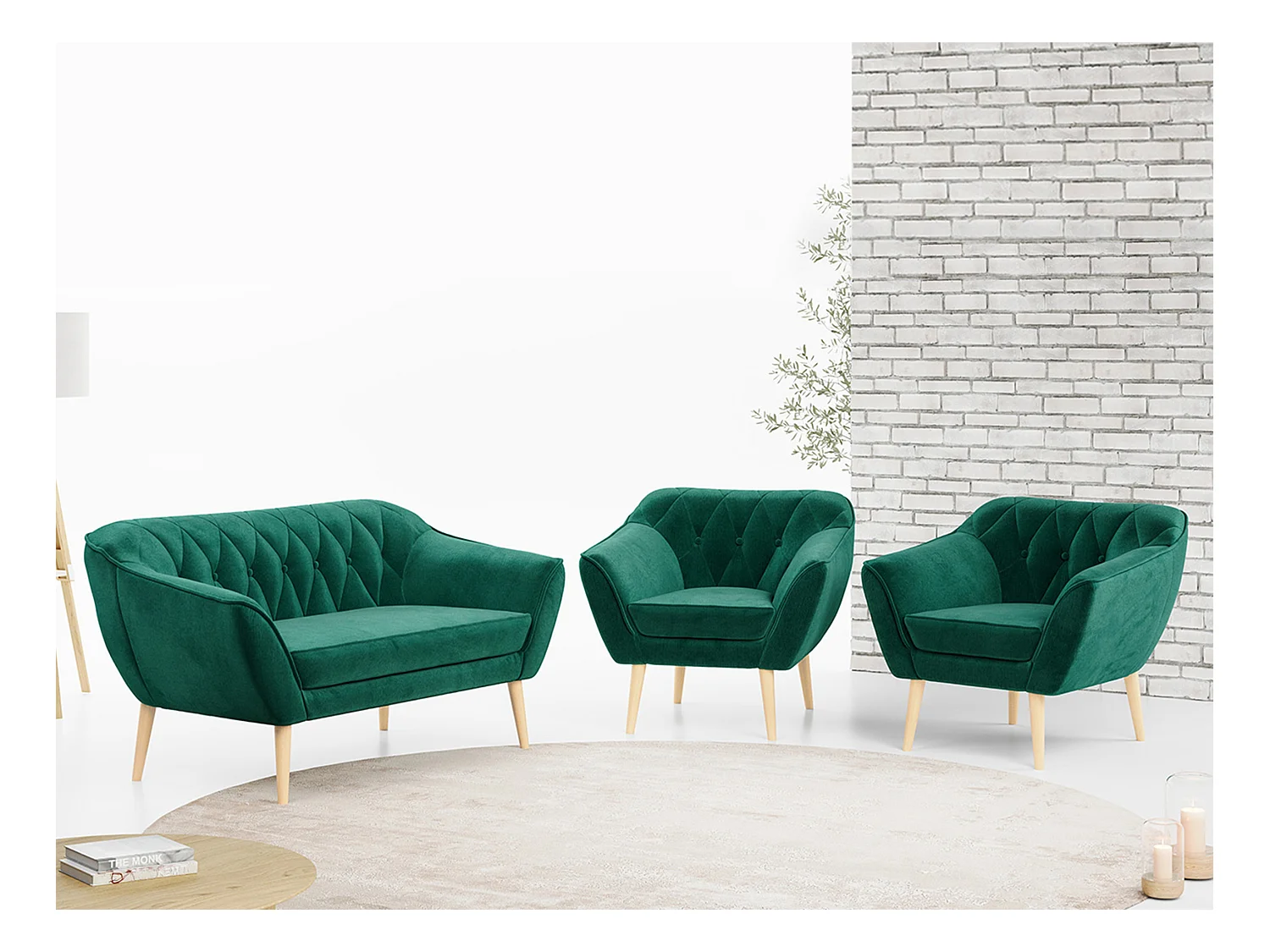 Sofagarnitur PIRS - 2+1+1, Sofa mit Sesseln, Skandinavischer Design, Armlehnen - Dunkelgrün Velvet