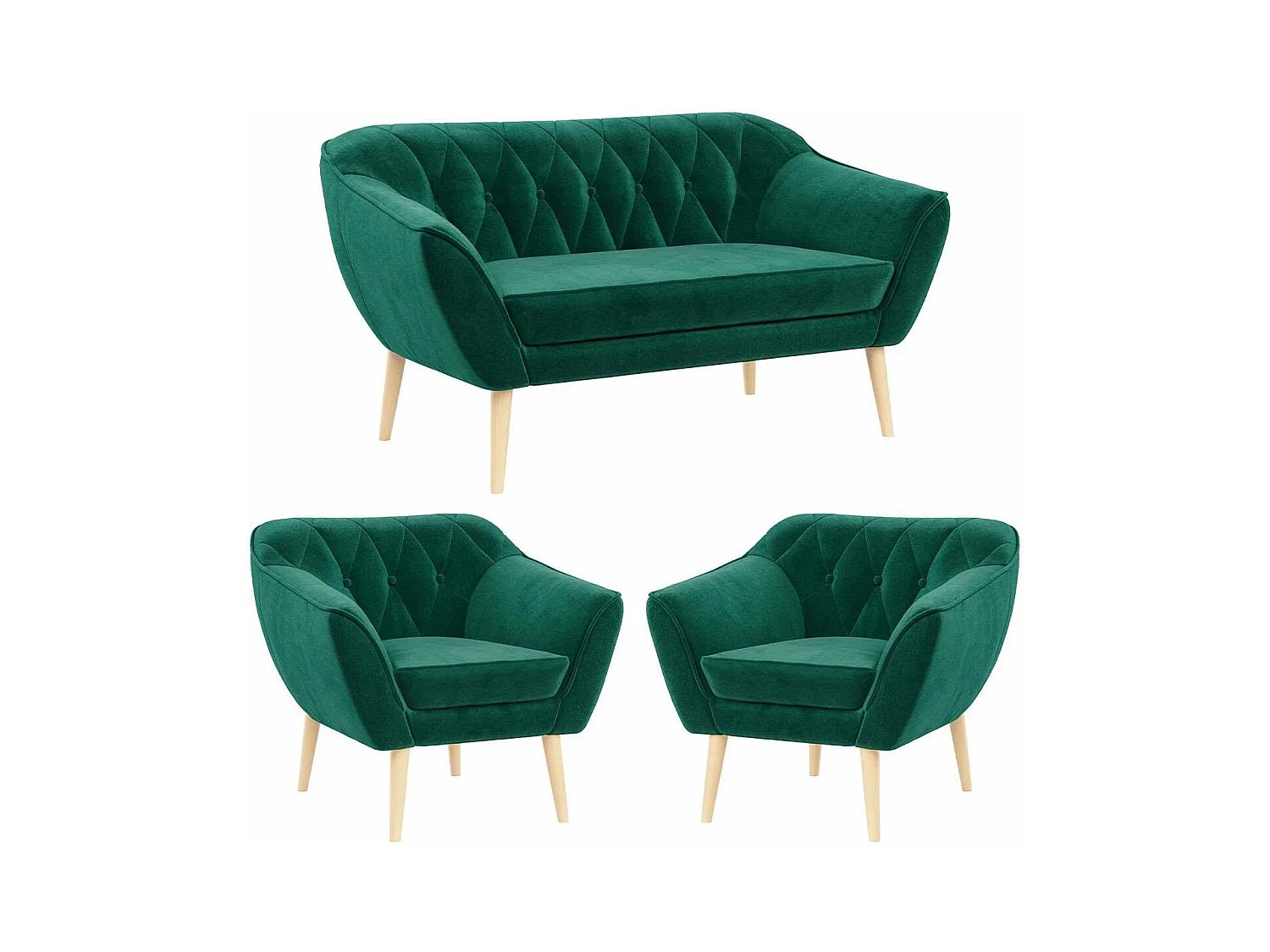 Sofagarnitur PIRS - 2+1+1, Sofa mit Sesseln, Skandinavischer Design, Armlehnen - Dunkelgrün Velvet