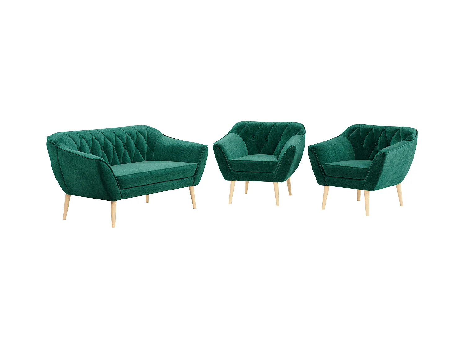 Sofagarnitur PIRS - 2+1+1, Sofa mit Sesseln, Skandinavischer Design, Armlehnen - Dunkelgrün Velvet