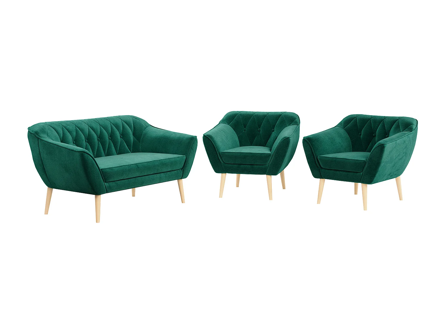 Sofagarnitur PIRS - 2+1+1, Sofa mit Sesseln, Skandinavischer Design, Armlehnen - Dunkelgrün Velvet