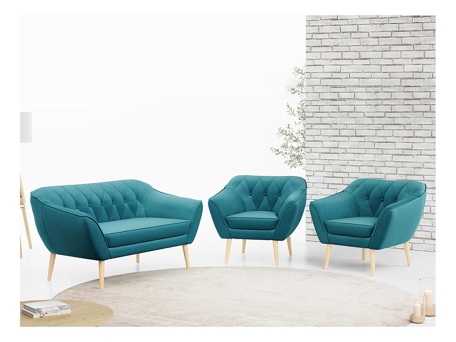 Sofagarnitur PIRS - 2+1+1, Sofa mit Sesseln, Skandinavischer Design, Armlehnen - Blau Velvet