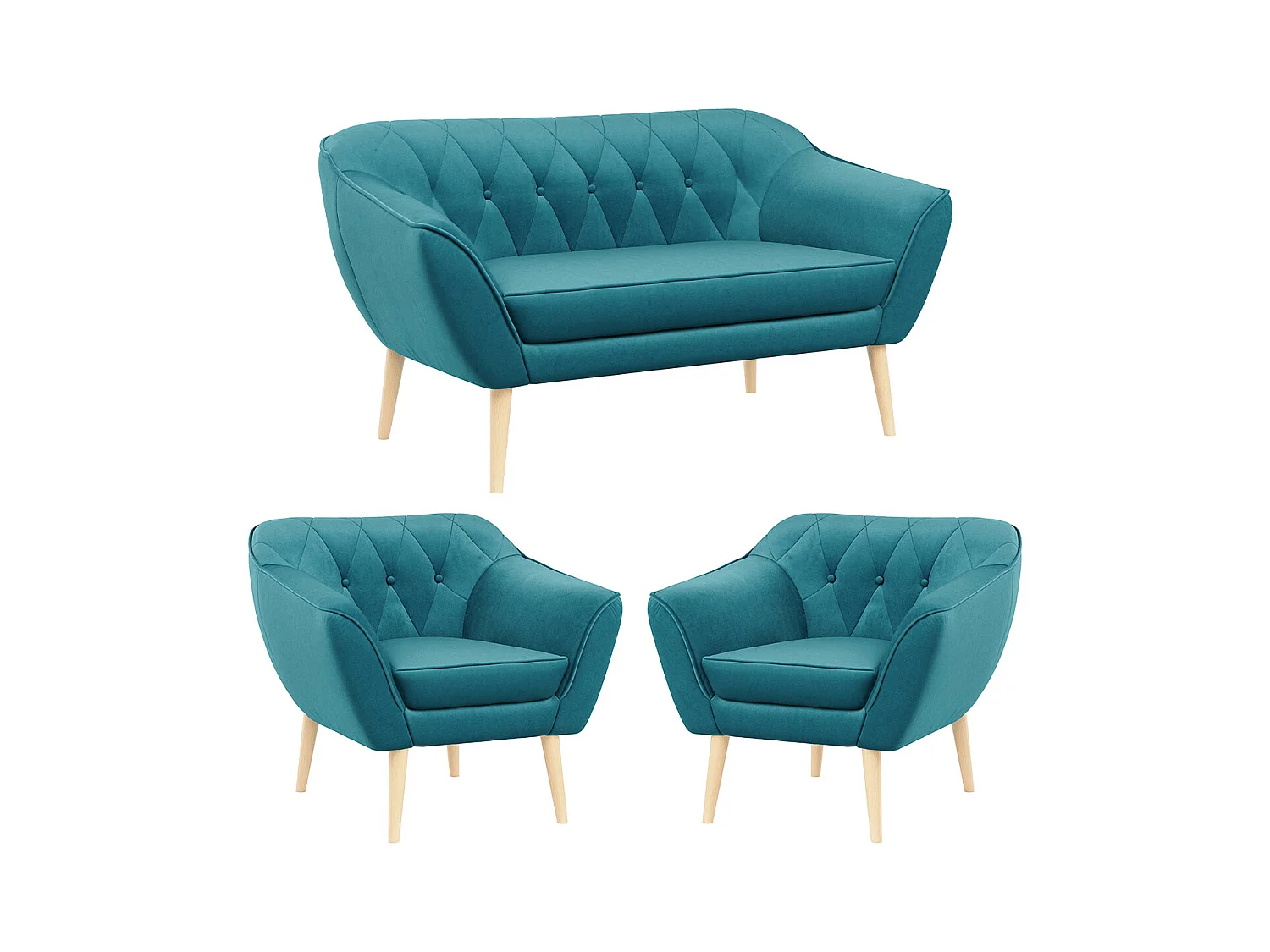Sofagarnitur PIRS - 2+1+1, Sofa mit Sesseln, Skandinavischer Design, Armlehnen - Blau Velvet