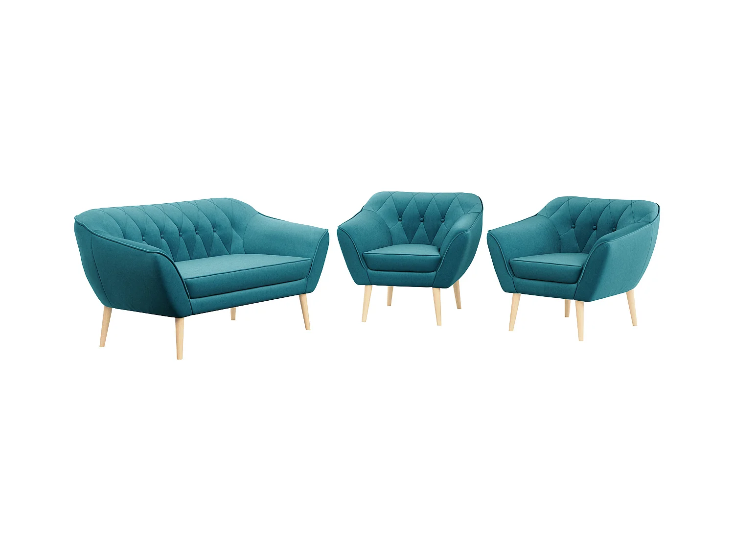 Sofagarnitur PIRS - 2+1+1, Sofa mit Sesseln, Skandinavischer Design, Armlehnen - Blau Velvet