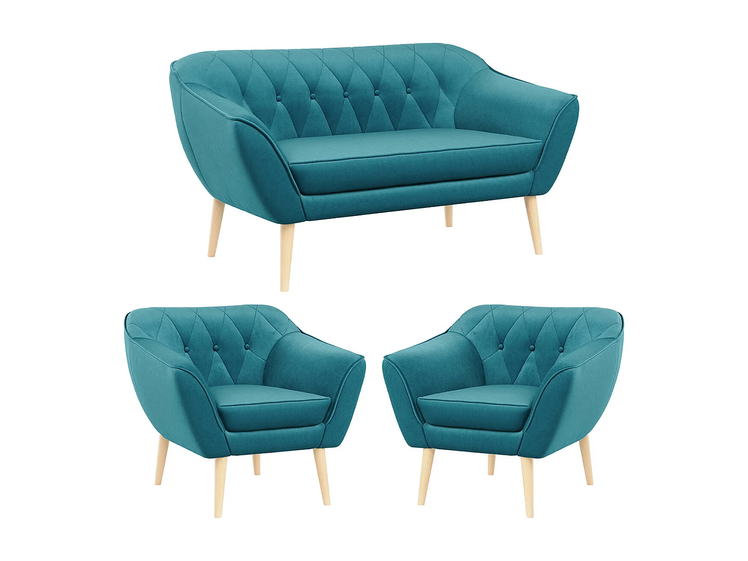 Sofagarnitur PIRS - 2+1+1, Sofa mit Sesseln, Skandinavischer Design, Armlehnen - Blau Velvet