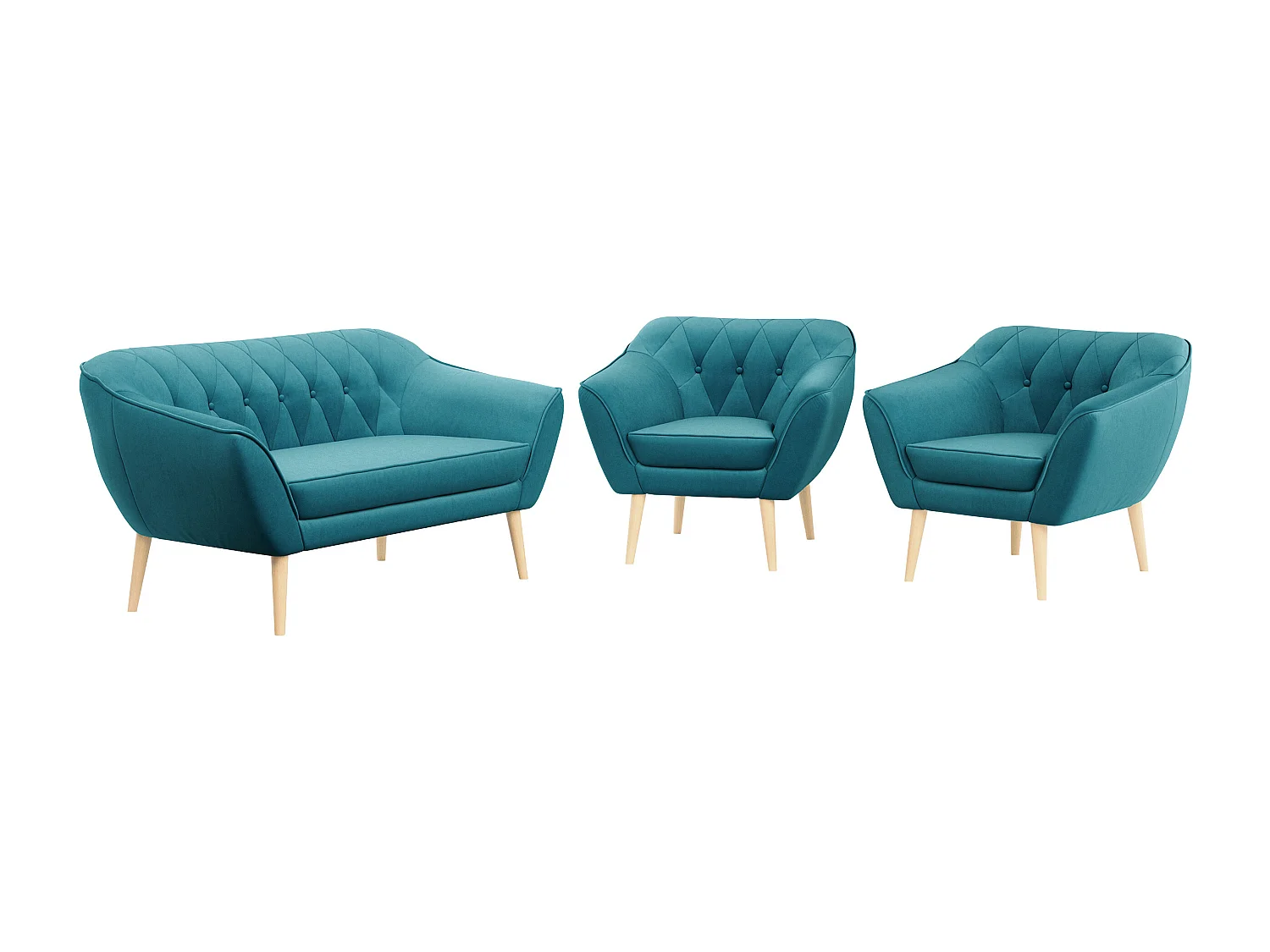 Sofagarnitur PIRS - 2+1+1, Sofa mit Sesseln, Skandinavischer Design, Armlehnen - Blau Velvet