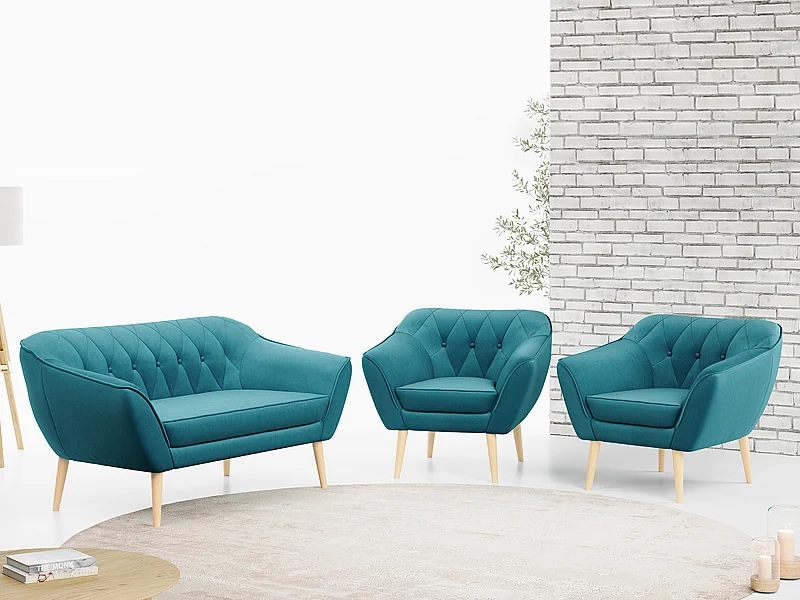 Sofagarnitur PIRS - 2+1+1, Sofa mit Sesseln, Skandinavischer Design, Armlehnen - Blau Velvet