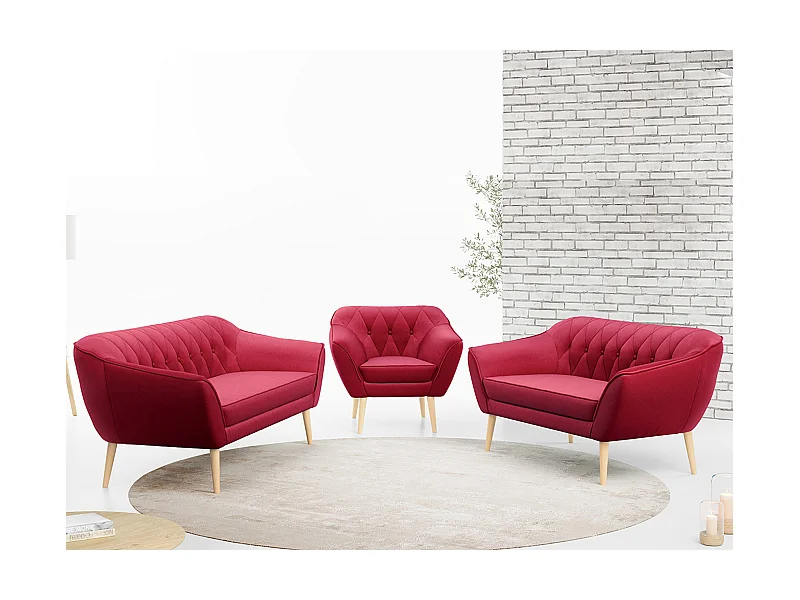 Couchgarnitur PIRS - 3+2+1, mit Armlehnen, Holzbeine, Skandinavischer Design - Rot Velvet