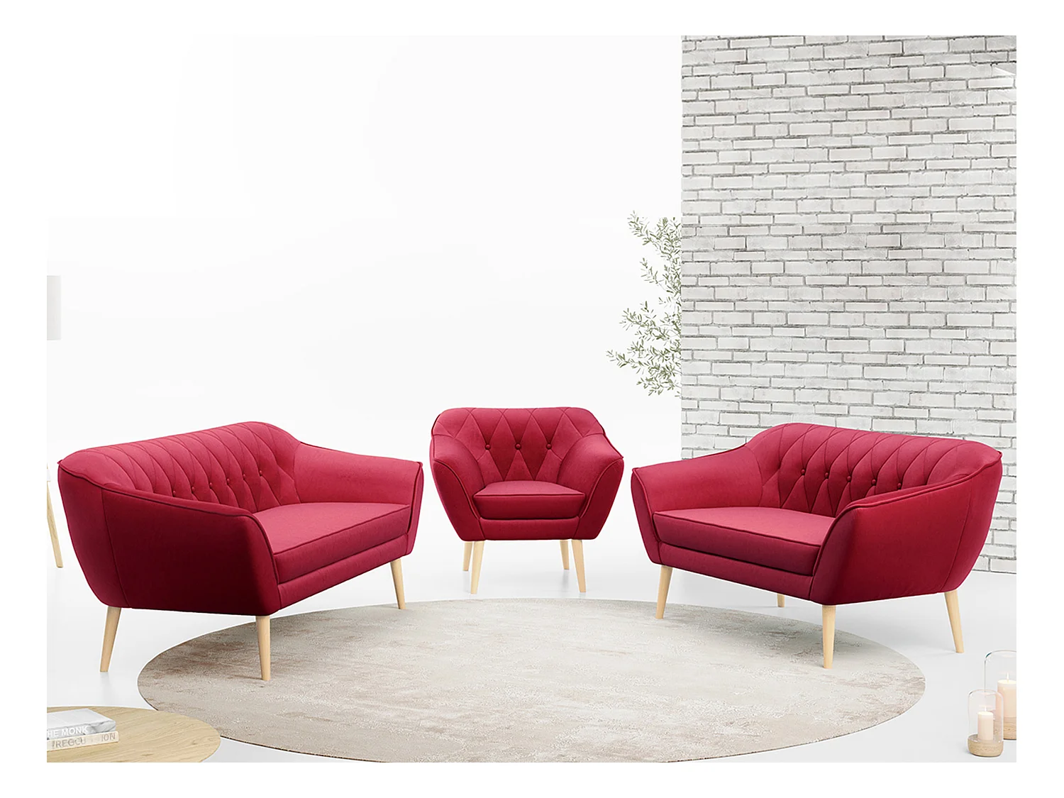 Couchgarnitur PIRS - 3+2+1, mit Armlehnen, Holzbeine, Skandinavischer Design - Rot Velvet