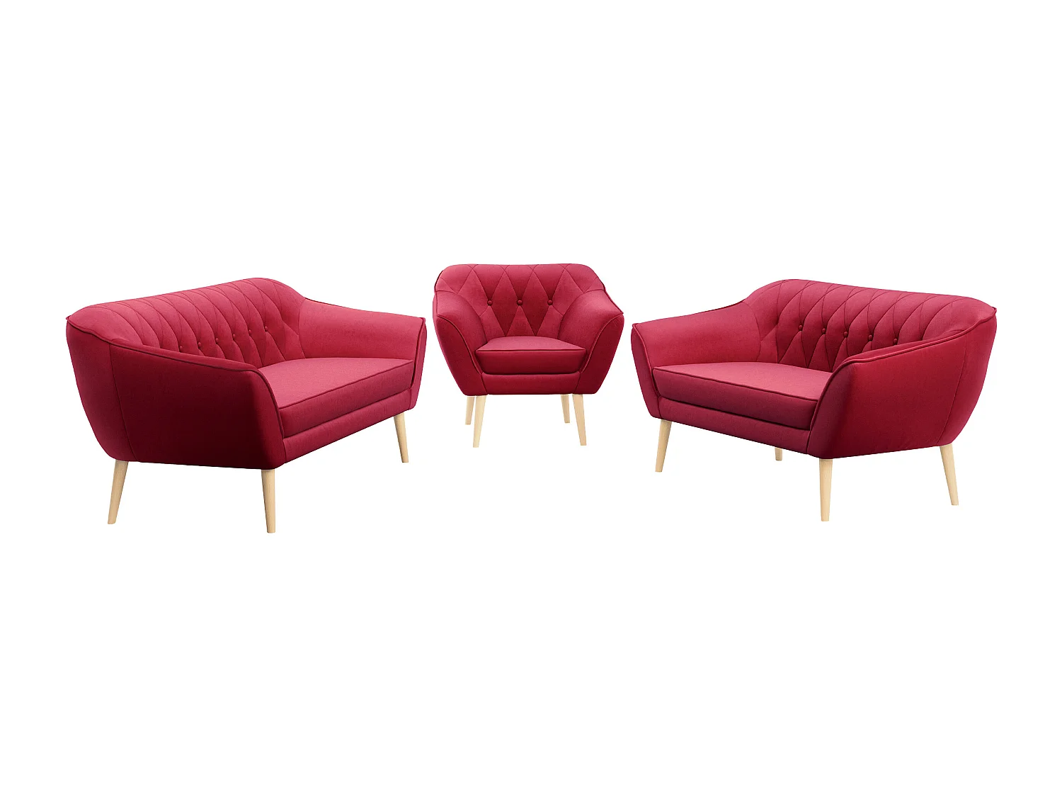 Couchgarnitur PIRS - 3+2+1, mit Armlehnen, Holzbeine, Skandinavischer Design - Rot Velvet