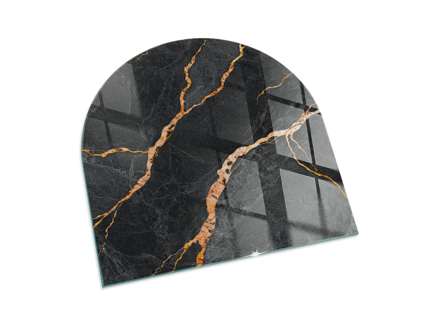 Glasplatte zum Schutz vor Funkenflug, Kaminauflage - halbrund - 100x100 - Geometrie mit Holz
