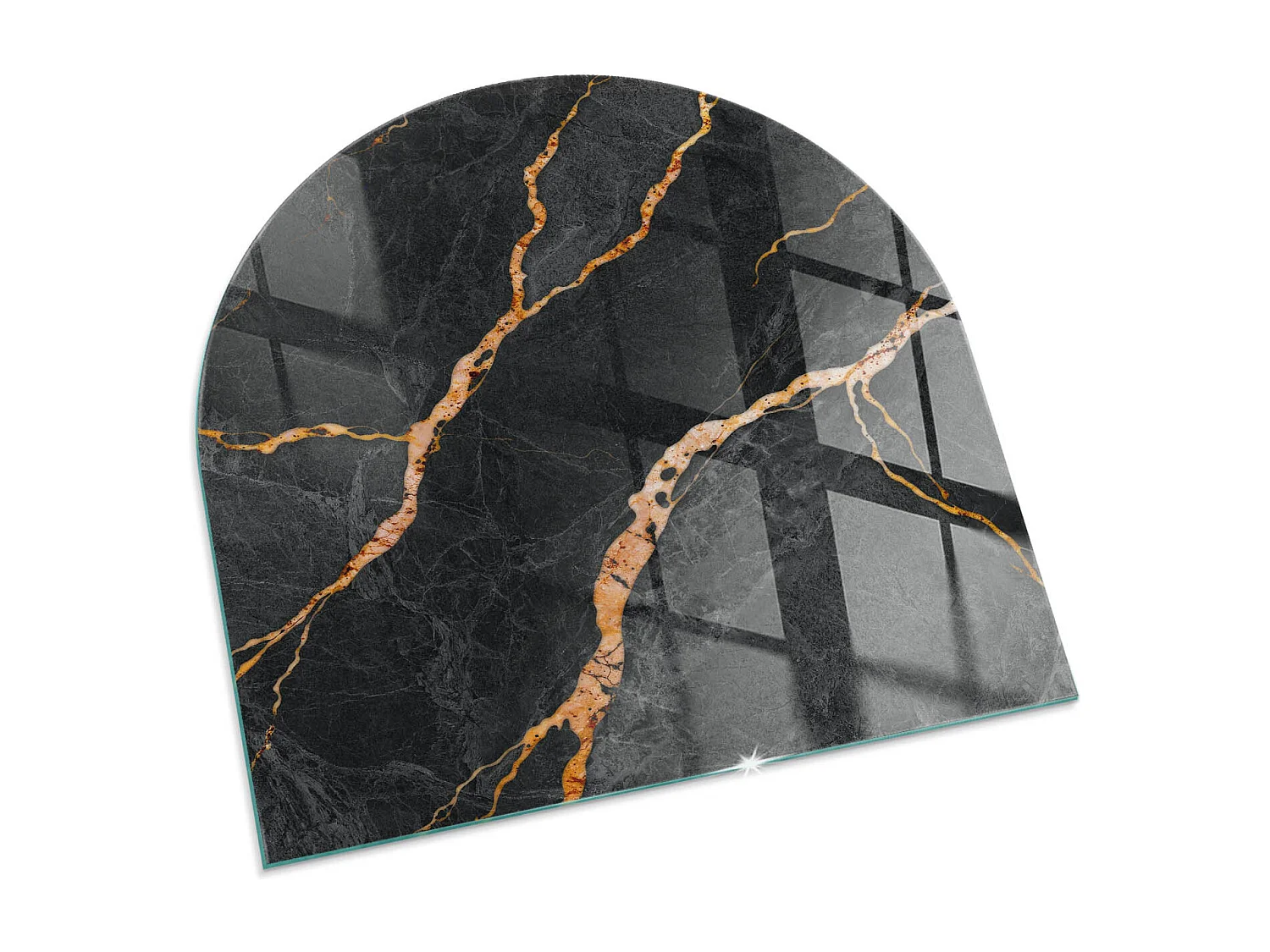 Glasplatte zum Schutz vor Funkenflug, Kaminauflage - halbrund - 100x100 - Geometrie mit Holz