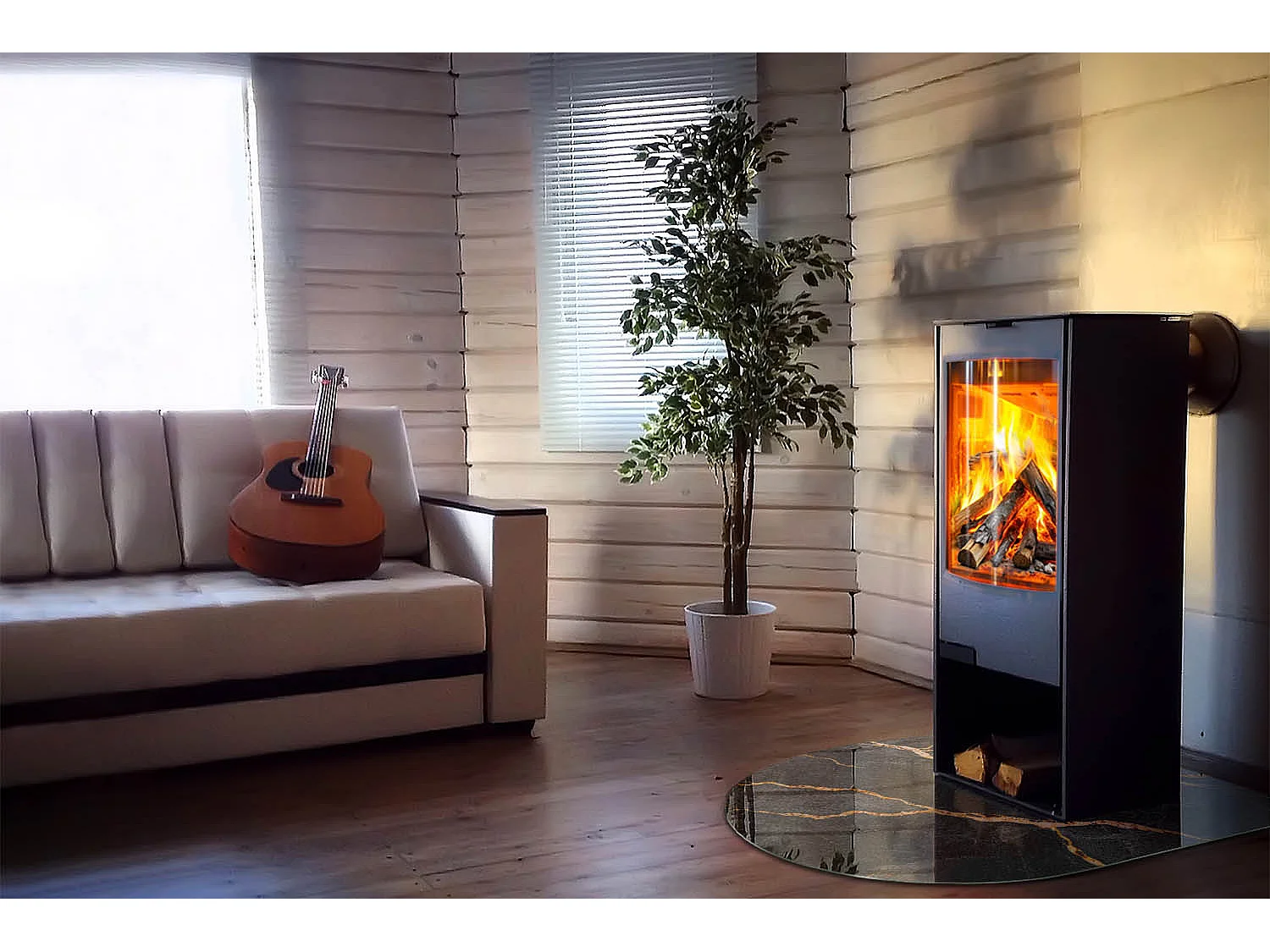 Glasplatte zum Schutz vor Funkenflug, Kaminauflage - halbrund - 100x100 - Geometrie mit Holz