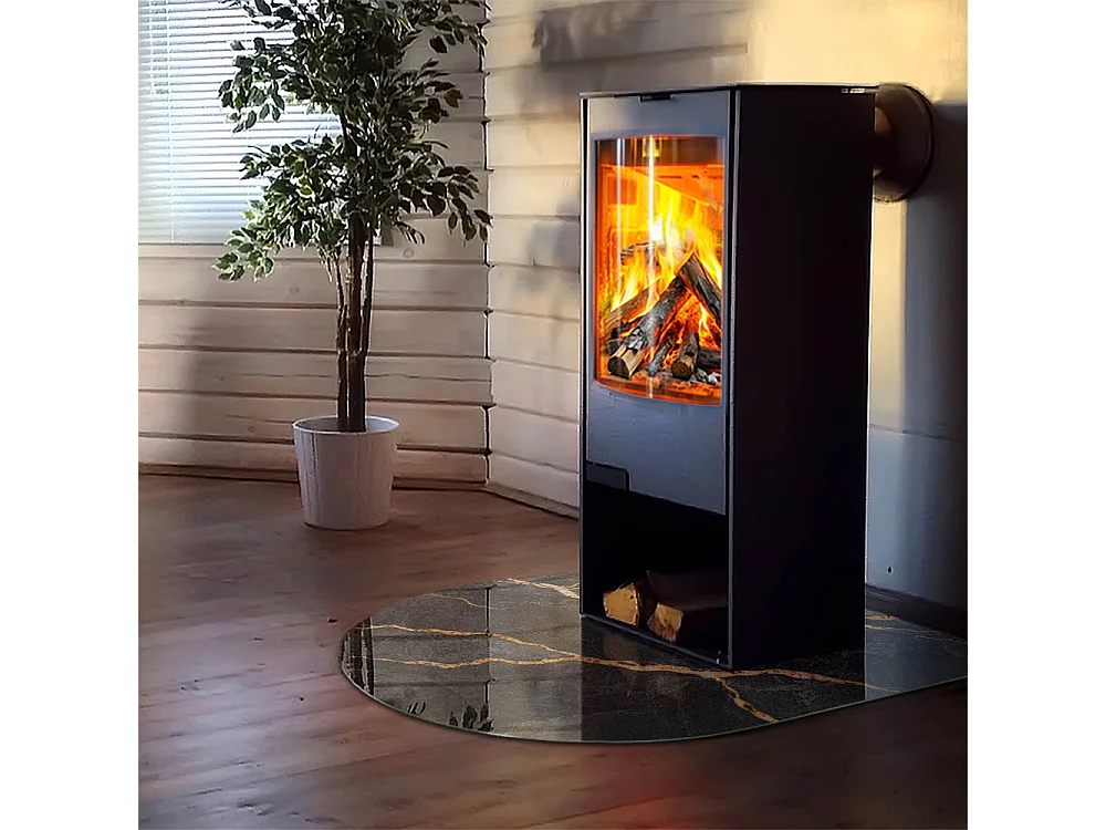 Glasplatte zum Schutz vor Funkenflug, Kaminauflage - halbrund - 100x100 - Geometrie mit Holz