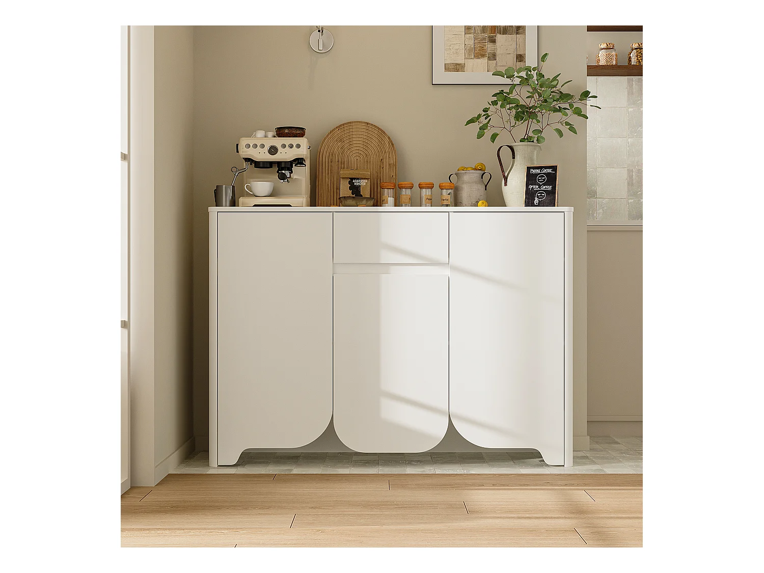 Buffet de Cuisine avec Plan de Travail, Meuble de Rangememt avec 3 Portes et Tiroir pour Salle à Manger, 120 x 35 x 85cm, Blanc