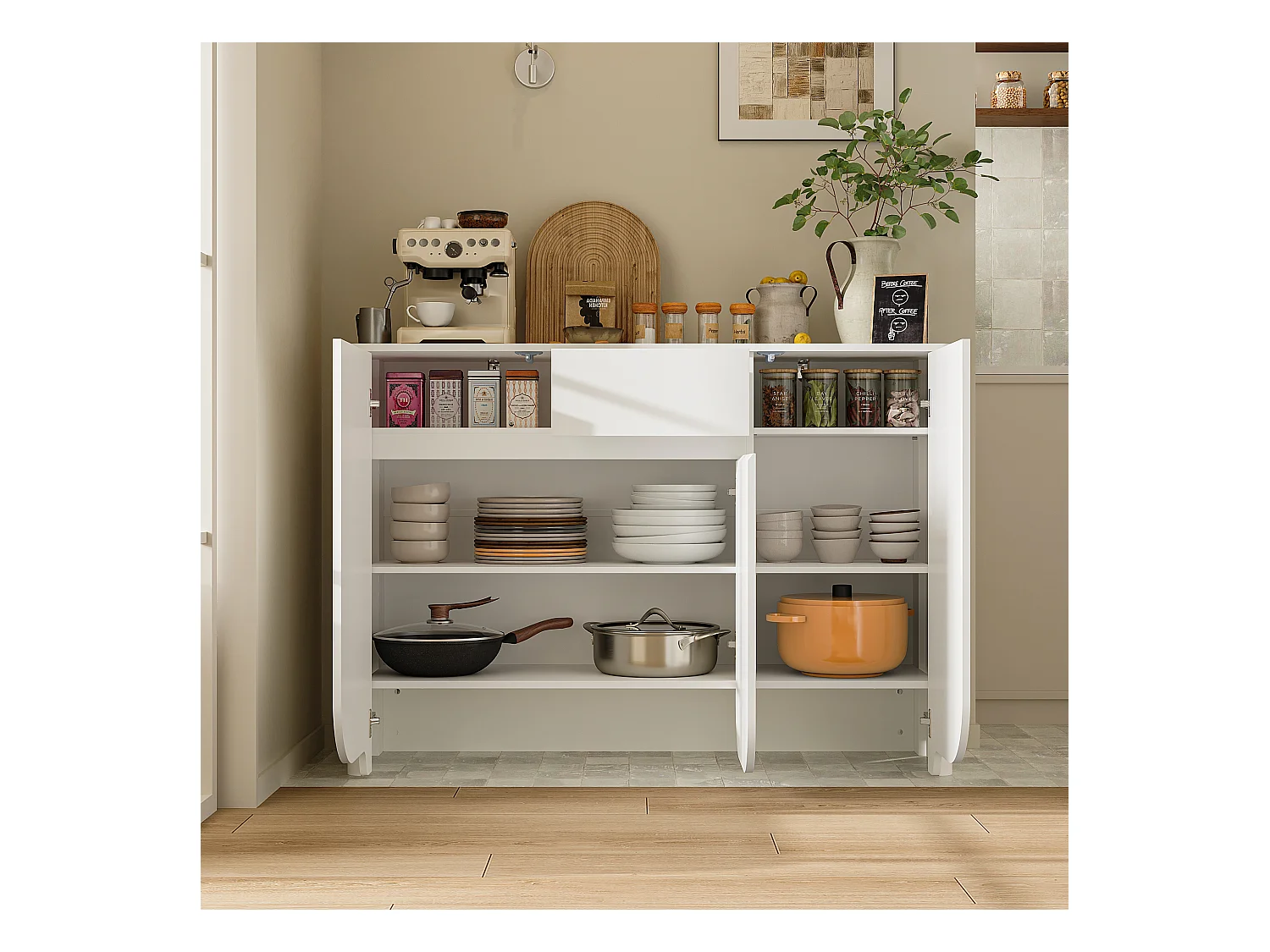 Buffet de Cuisine avec Plan de Travail, Meuble de Rangememt avec 3 Portes et Tiroir pour Salle à Manger, 120 x 35 x 85cm, Blanc