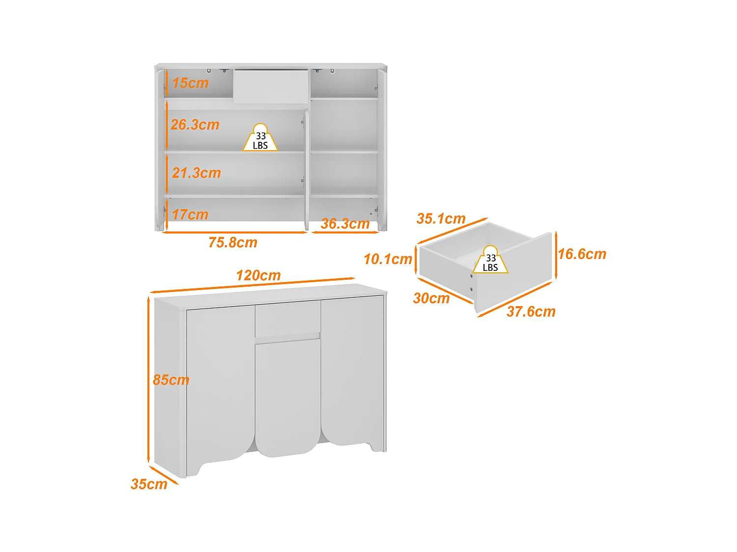 Buffet de Cuisine avec Plan de Travail, Meuble de Rangememt avec 3 Portes et Tiroir pour Salle à Manger, 120 x 35 x 85cm, Blanc