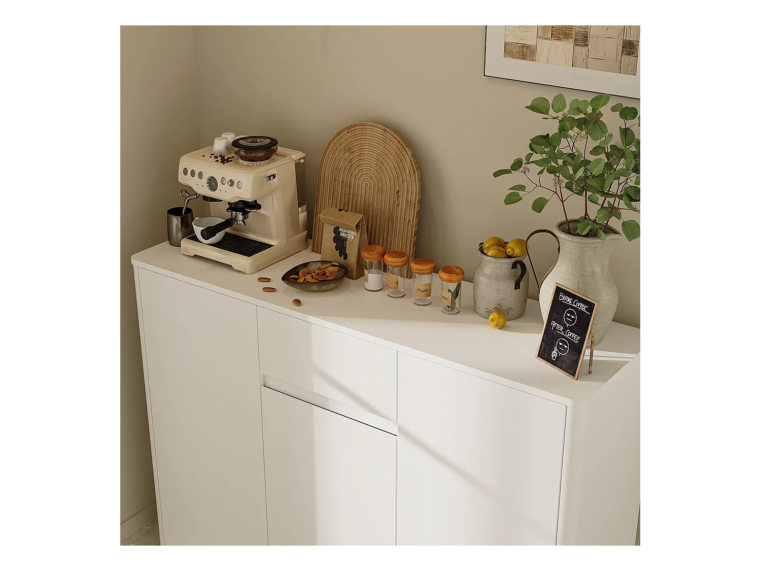 Buffet de Cuisine avec Plan de Travail, Meuble de Rangememt avec 3 Portes et Tiroir pour Salle à Manger, 120 x 35 x 85cm, Blanc