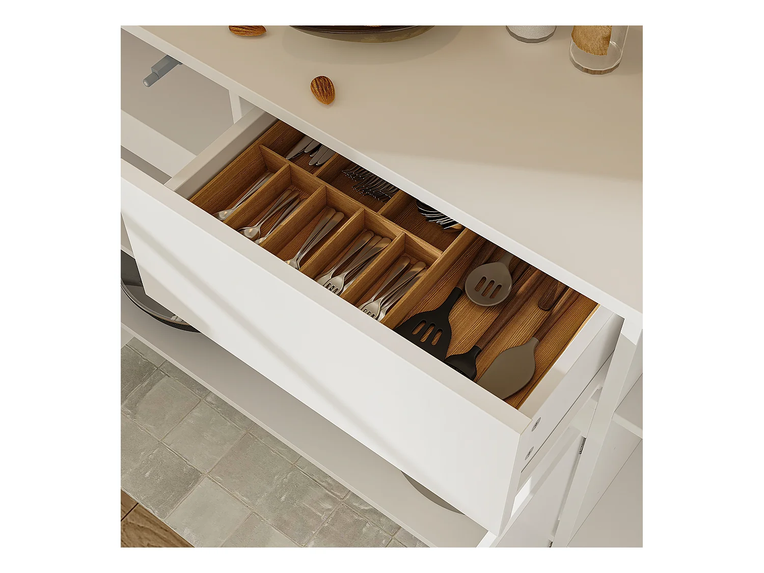 Buffet de Cuisine avec Plan de Travail, Meuble de Rangememt avec 3 Portes et Tiroir pour Salle à Manger, 120 x 35 x 85cm, Blanc