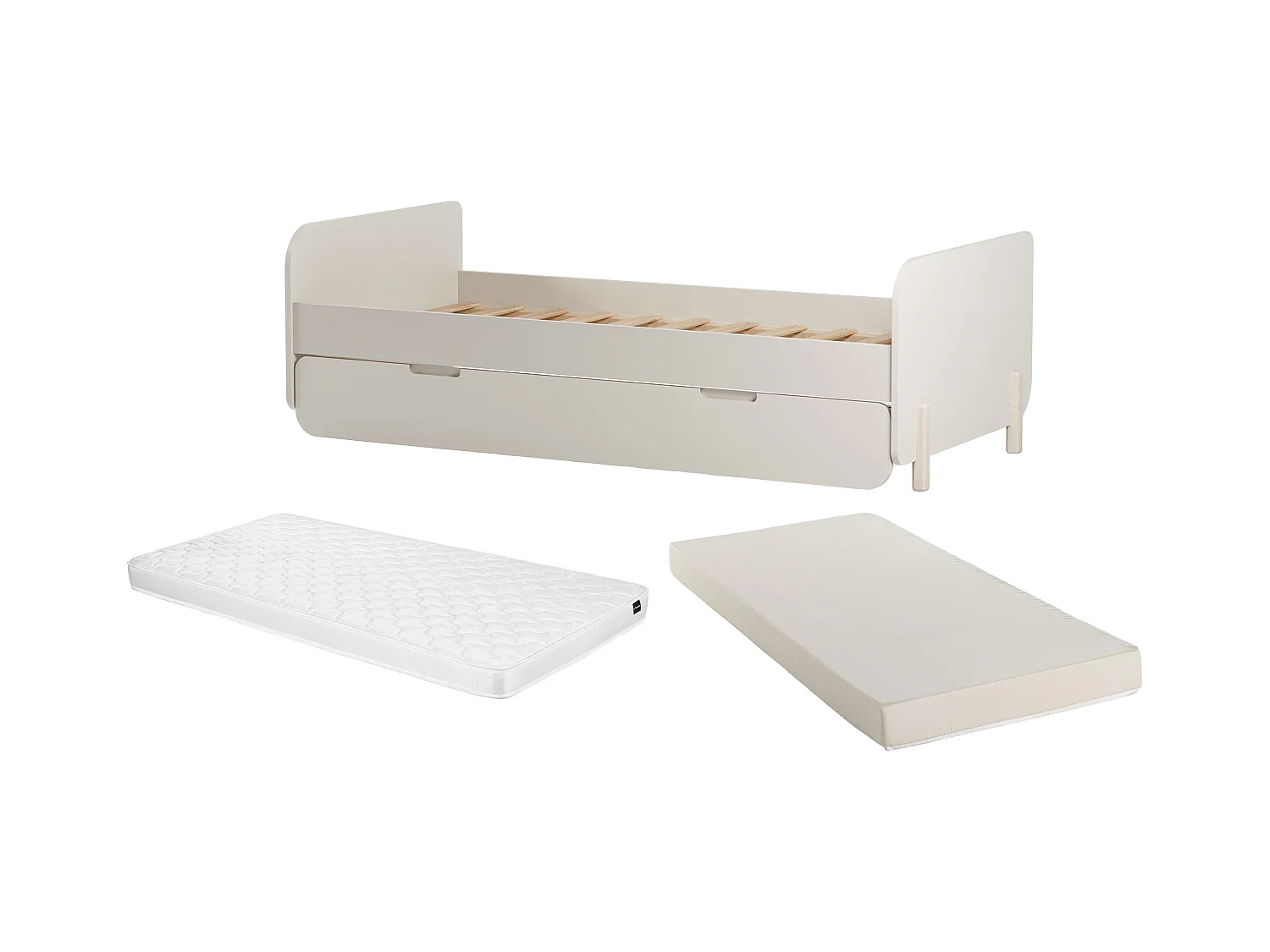 Ausziehbett + Matratzen - 2 x 90 x 190 cm - MDF & Kiefernholz - Holzfarben & Beige - TALUDO