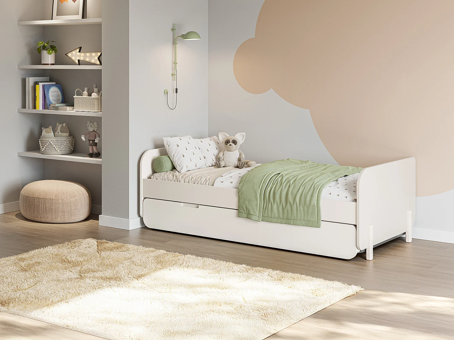 Lit gigogne 2 x 90 x 190 cm - MDF et pin - Coloris : Naturel et beige + Matelas - TALUDO