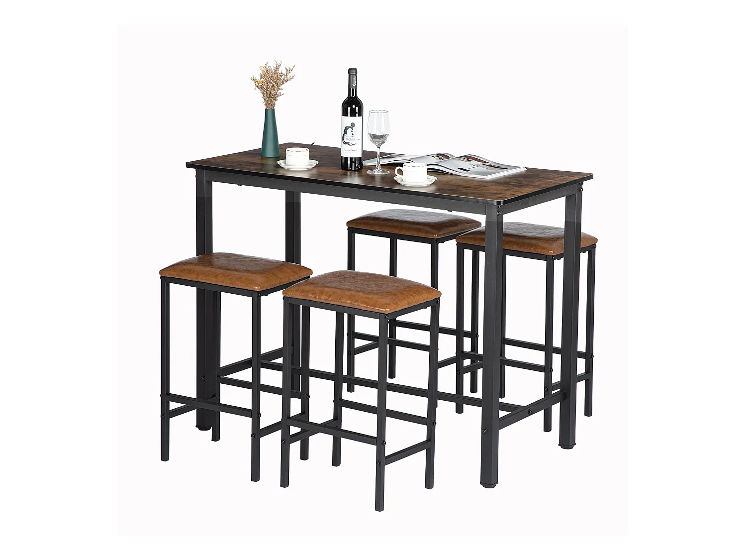 Ensemble de Table et Chaises - Table Naturelle et 4 Chaises en Cuir pour une Ambiance Contemporaine